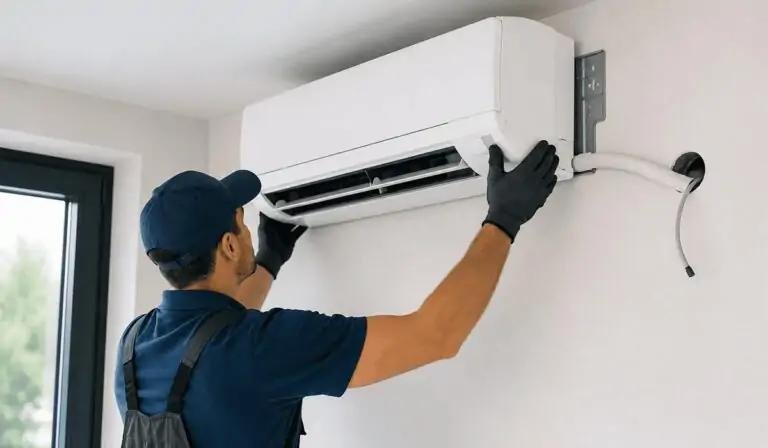 Technicien installant un climatiseur mural split